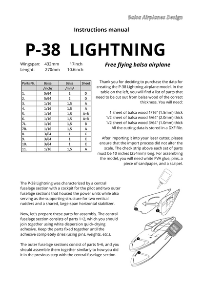 P-38 LIGHTNING   (SHORT KIT + PRINTED INSTRUCTION)